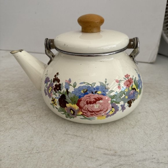 Kitchen Vintage Enamelware Beige W Flowers Teakettle W Wood Handle Gc